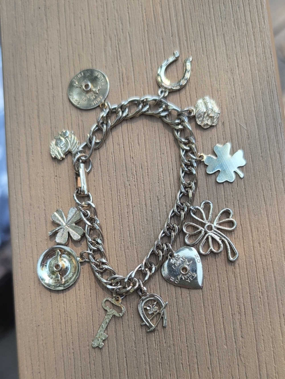 Vintage Charm Bracelet Lucky Charms Clover Heart Horseshoe Key Mid Century Gold